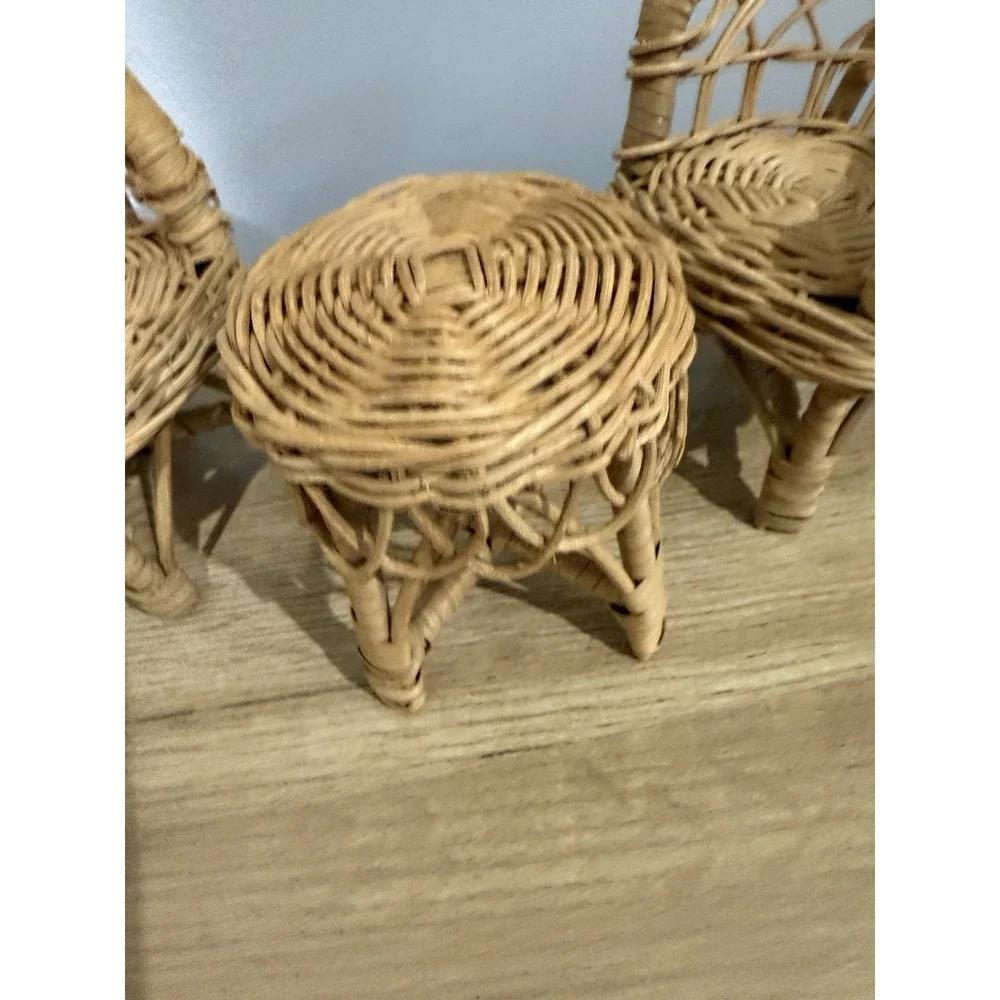Vintage Barbie Size Wicker Rattan Doll Furniture Set Chairs‎ & Table